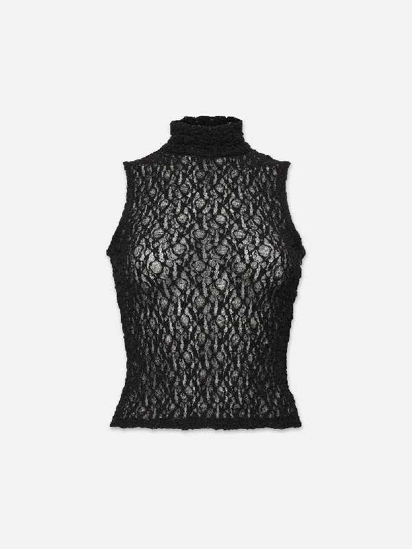 Sleeveless Mesh Mockneck Top -- Black