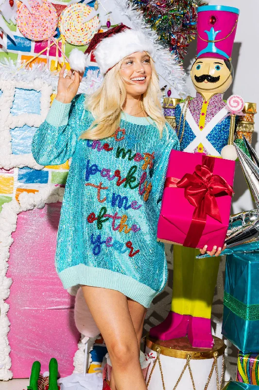 Aqua Full Sequin 'Most Sparkly Time of Year' Sweater Dress