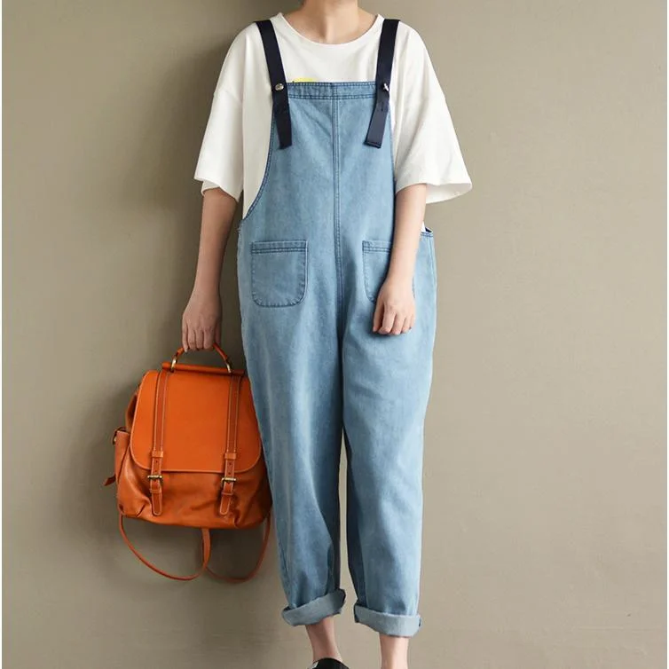 baggy loose blue cotton jeans plus size casual jumpsuit pants