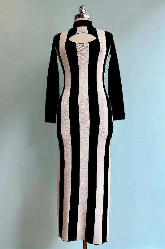 Black and White Striped Knit Body Con Midi Dress by Banned