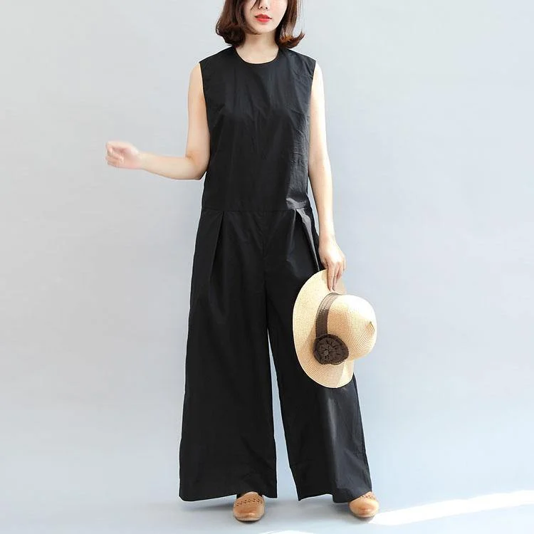 Black Stylish Linen Pants Casual Slim Sleeveless Tops and Loose Jumpsuit Pants