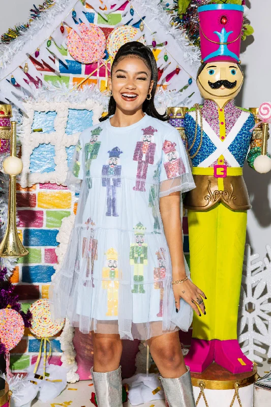 Light Blue & Rainbow Nutcracker Tulle Overlay Tee Dress