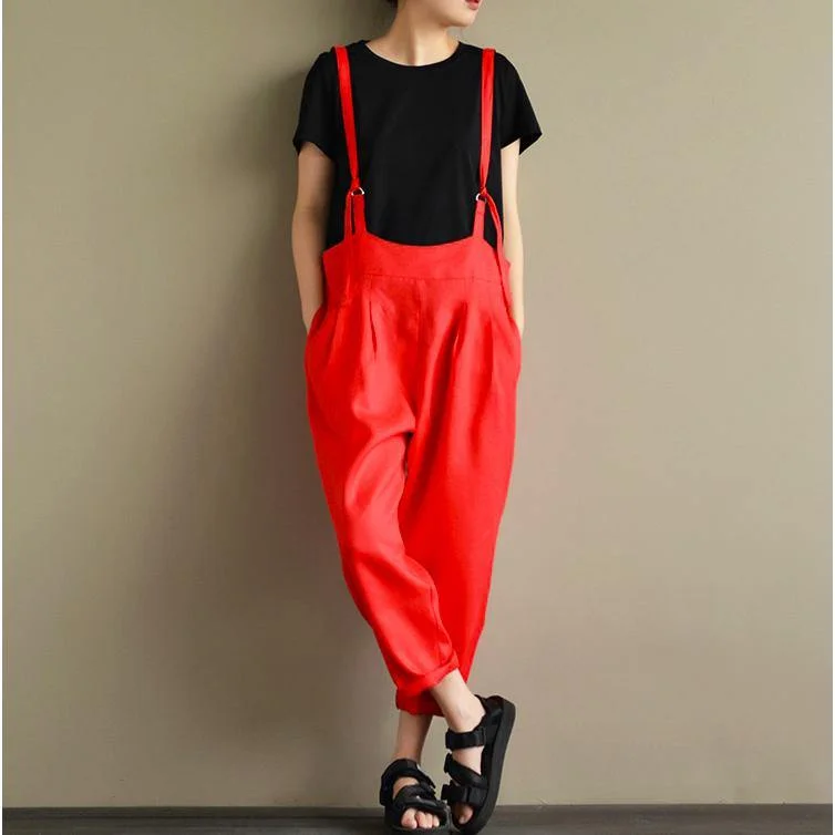 new red summer loose linen pant plus size casual jumpsuit pants