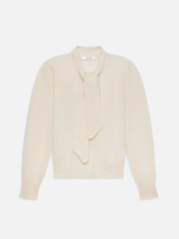 Pointelle Tie Neck Sweater -- Cream