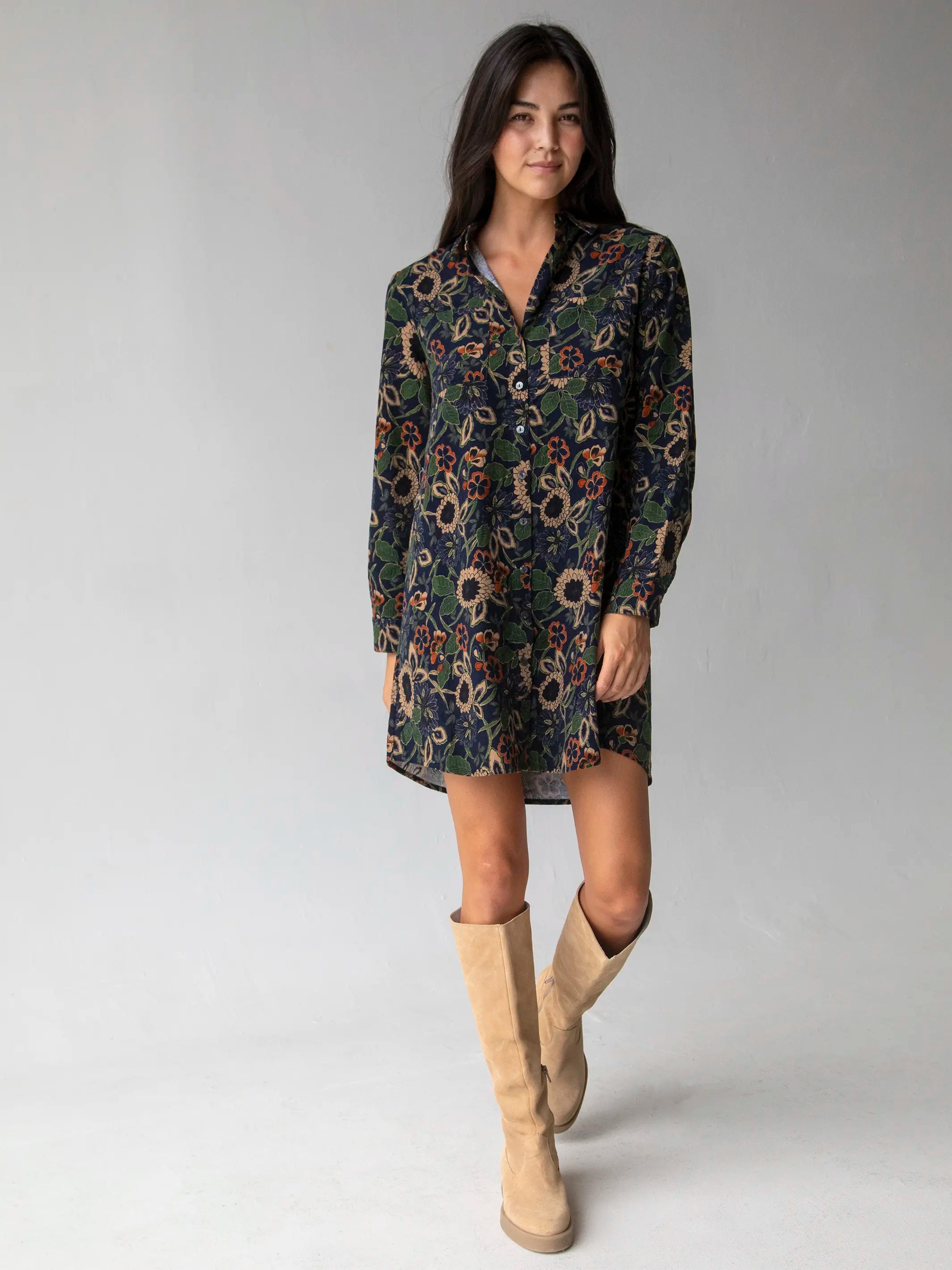 Rocky Corduroy Dress - Navy Tan Dahlias