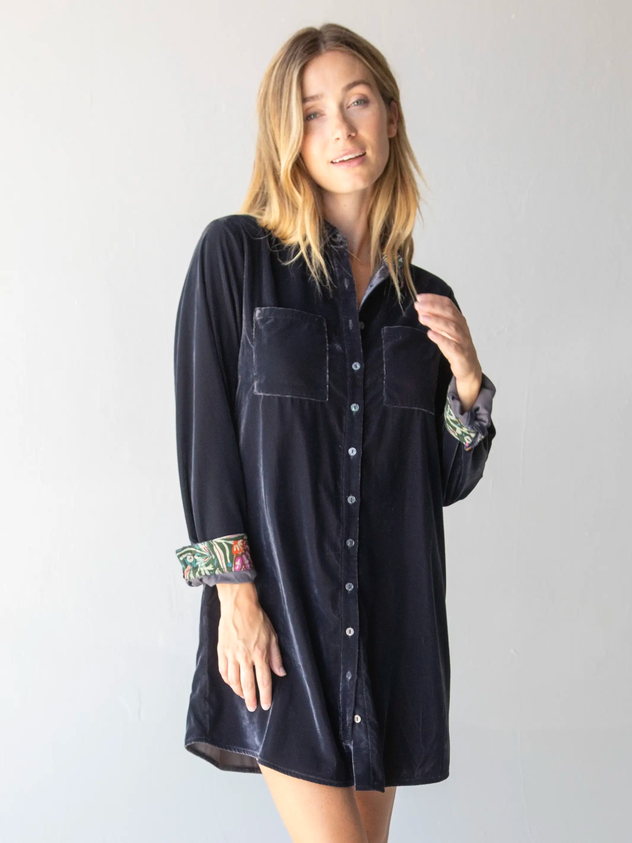 Rocky Velvet Shirt Dress - Slate Grey