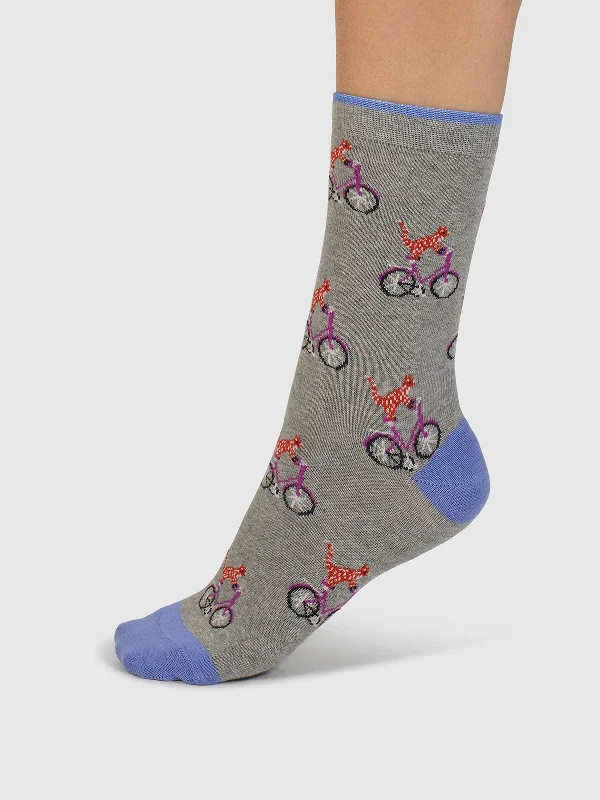 Dilloyn Cat And Bike Organic Cotton Socks - Mid Grey Marle