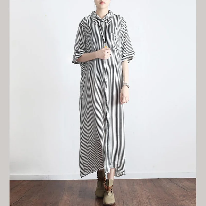 Original Light Gray Striped Silk Dresses Oversize Linen Sundress Turn-down Collar Maxi Dress