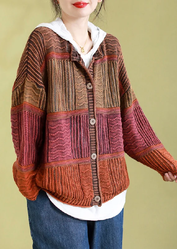 Plus Size Orange O Neck Button Patchwork Knit Cardigans Spring