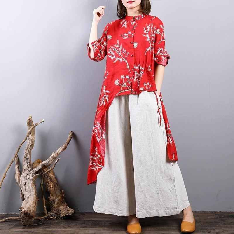 red prints midi-length linen t shirt Loose fitting casual cardigans tops