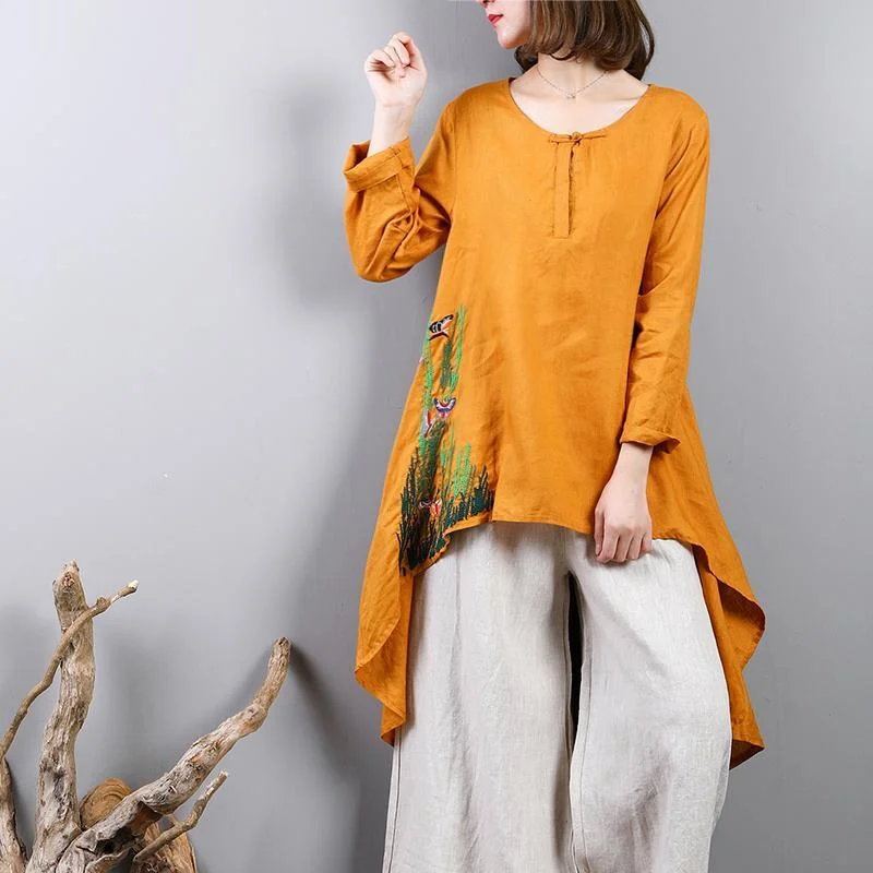 stylish yellow  linen blouse plussize casual cardigans asymmetric hem embroidery linen clothing t shirt