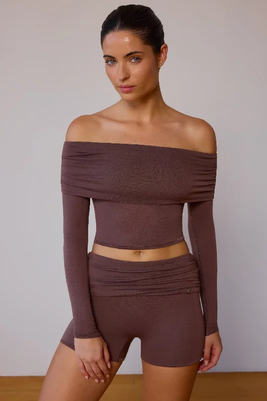 Sheer Off-Shoulder Long-Sleeve Top in Taupe Brown