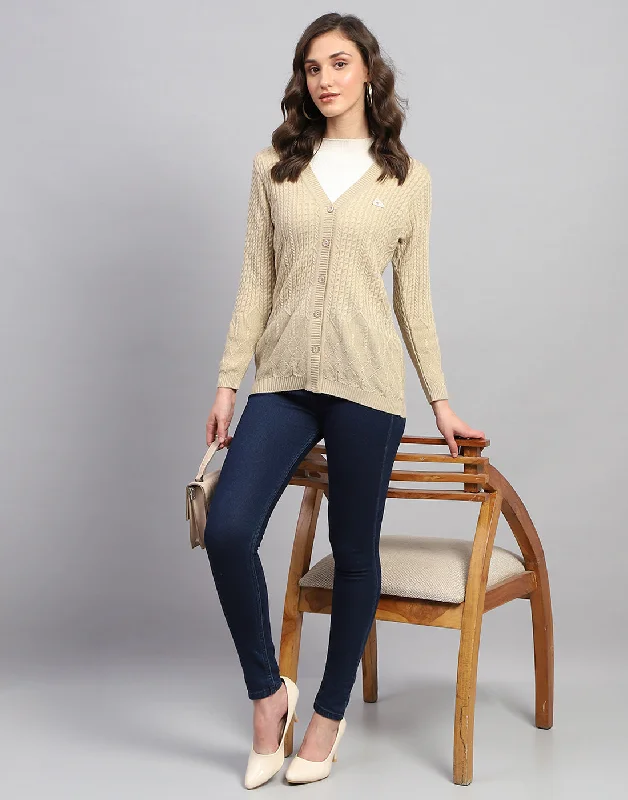 Women Beige Self Design V Neck Full Sleeve Cardigan