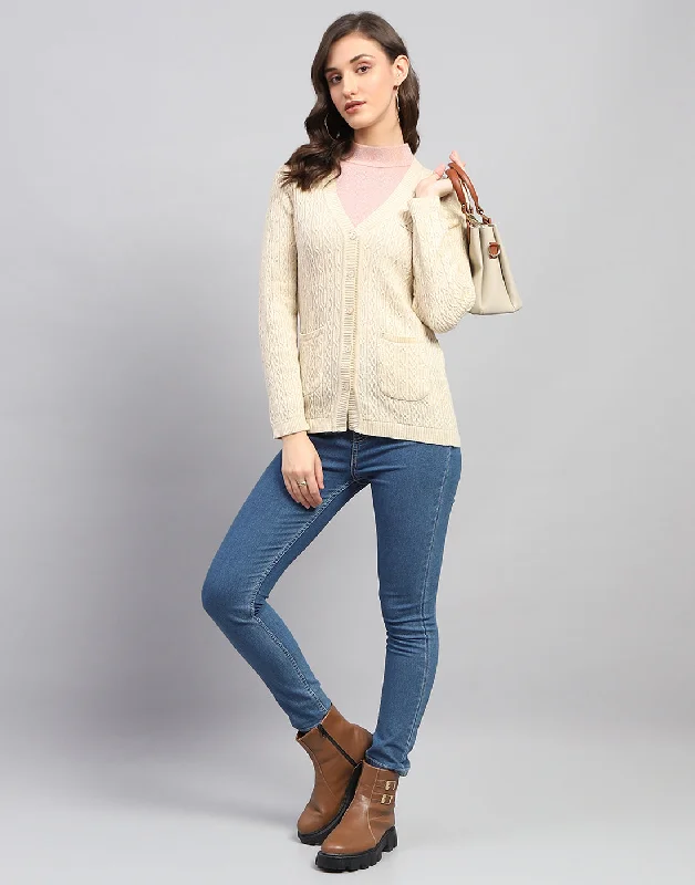 Women Beige Self Design V Neck Full Sleeve Cardigan