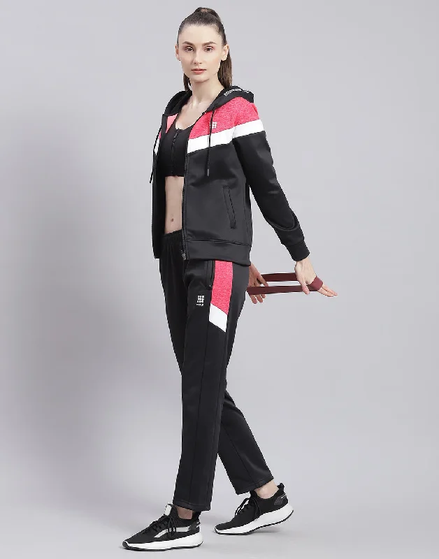 Women Black Solid Hooded Full Sleeve Tracksuit