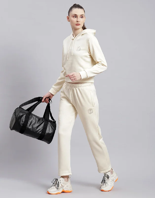 Women Cream Solid Hooded Full Sleeve Tracksuit