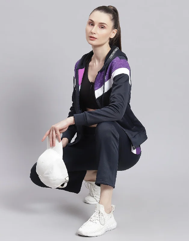 Women Navy Blue Solid Hooded Full Sleeve Tracksuit